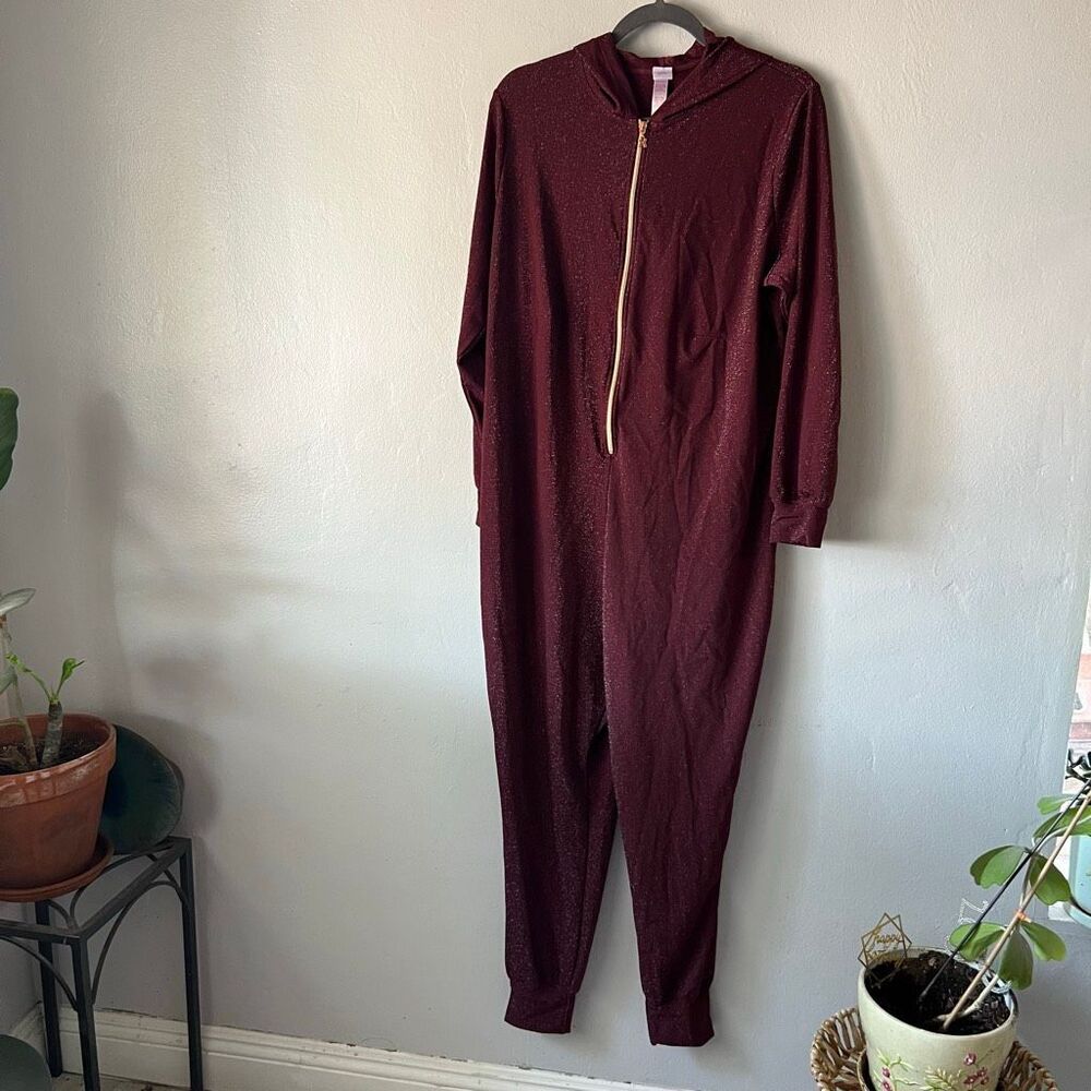 Savage X Fenty Sleep & Shine Hooded Jumpsuit In Burgundy Sparkle. View 5